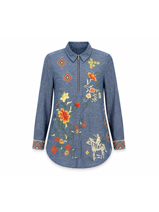 Johnny Was Tops - Johnny Was Helena Embroidered Chambray Zip Tunic Shirt XS Western Floral NWT